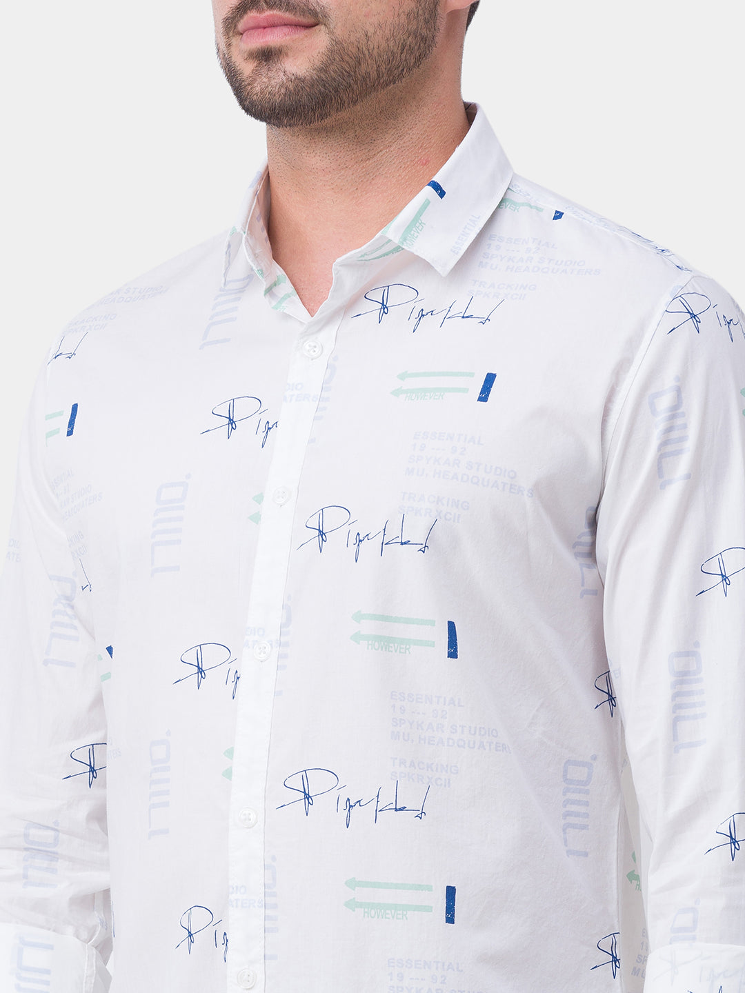 Spykar White Cotton Full Sleeve Printed Shirt For Men