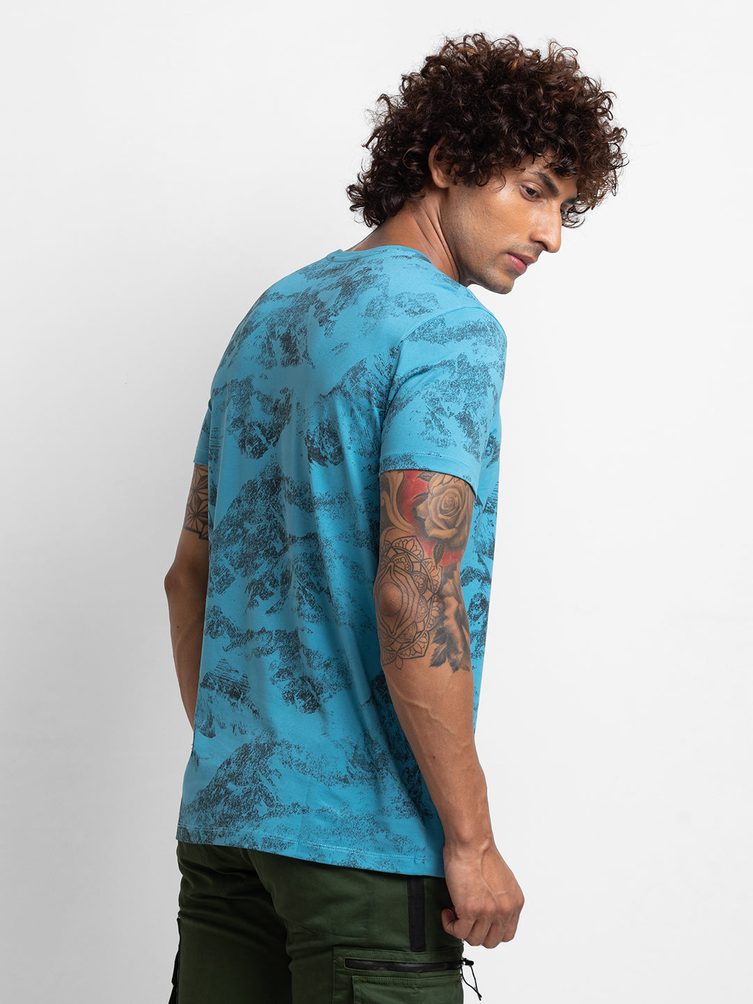 Spykar Haze Blue Cotton Half Sleeve Printed Casual T-Shirt For Men