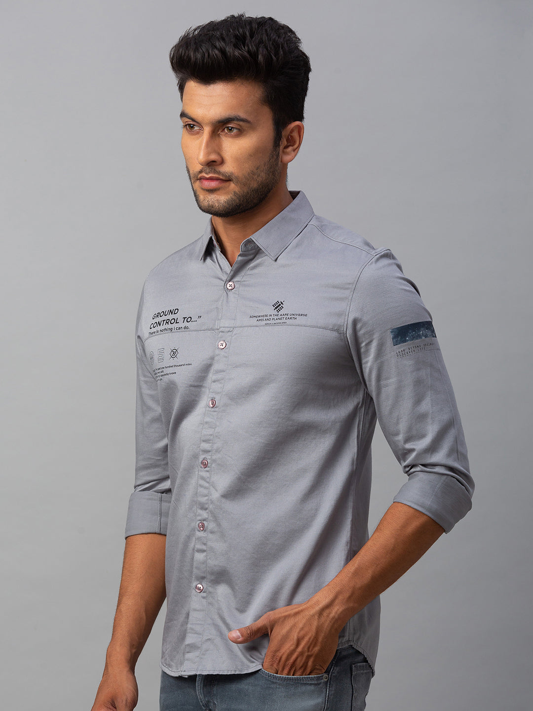 Spykar Men Grey Cotton Slim Fit Shirt