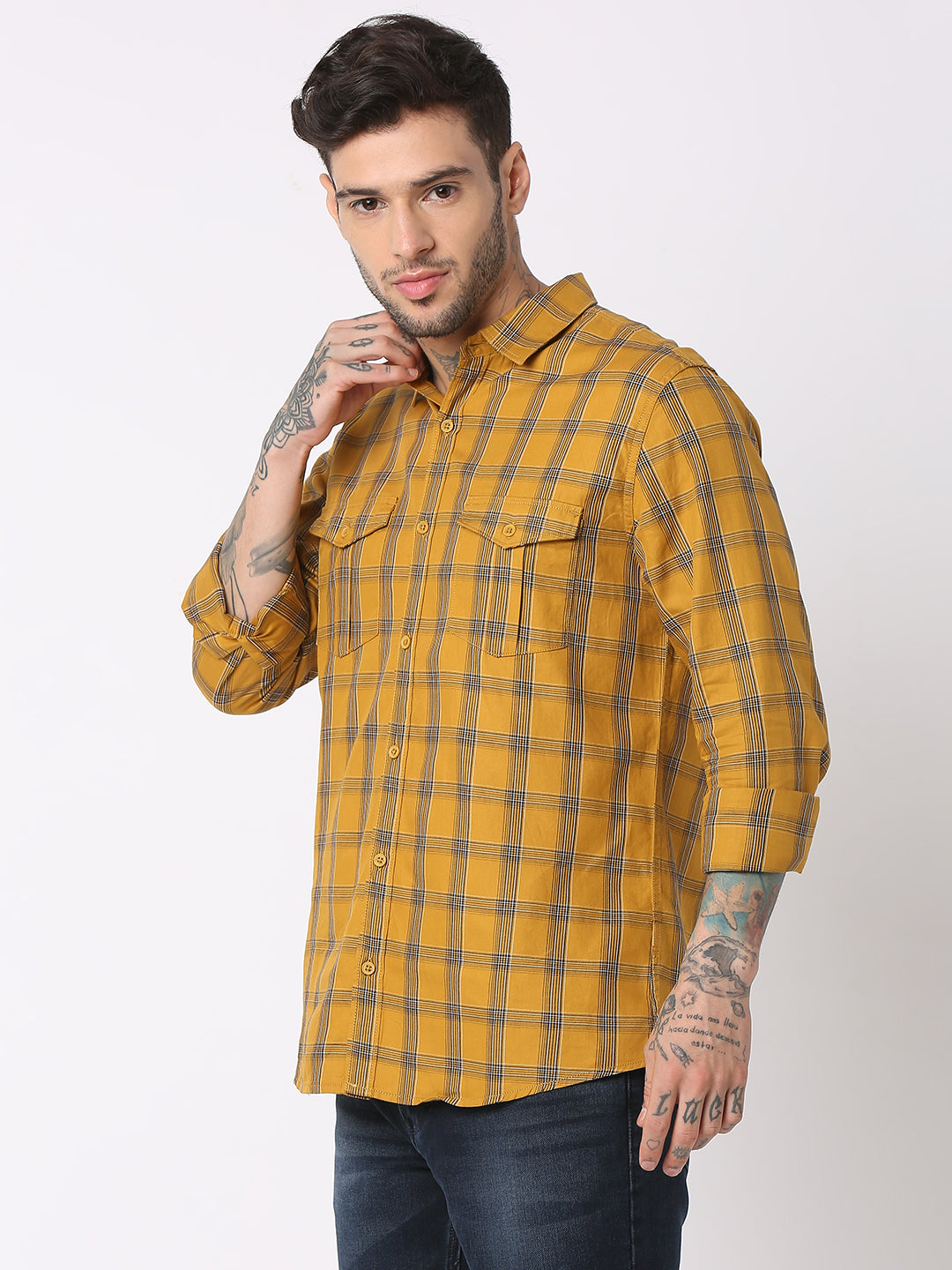 Spykar Men Golden Khaki Cotton Regular Fit Checkered Shirts