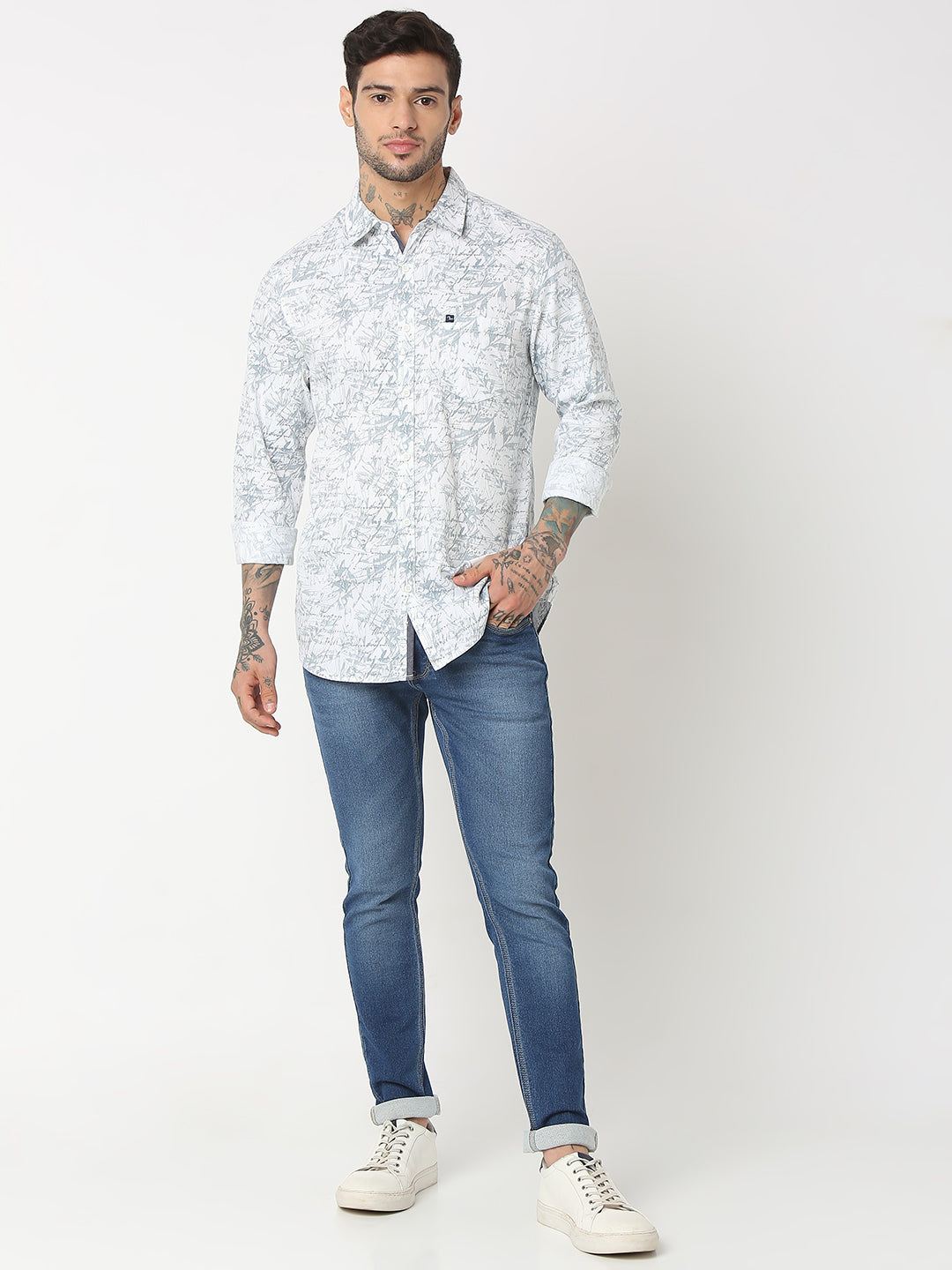 Spykar Men Grey Cotton Slim Fit Printed Shirts