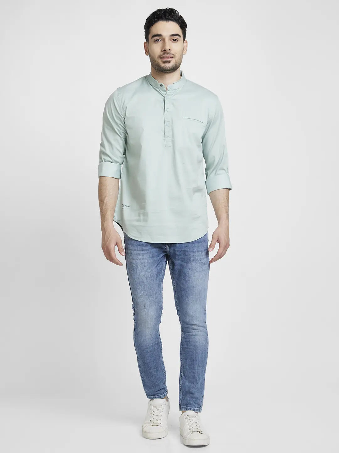 Spykar Men Sage Green Cotton Linen Slim Fit M and arin Collar Plain Kurta