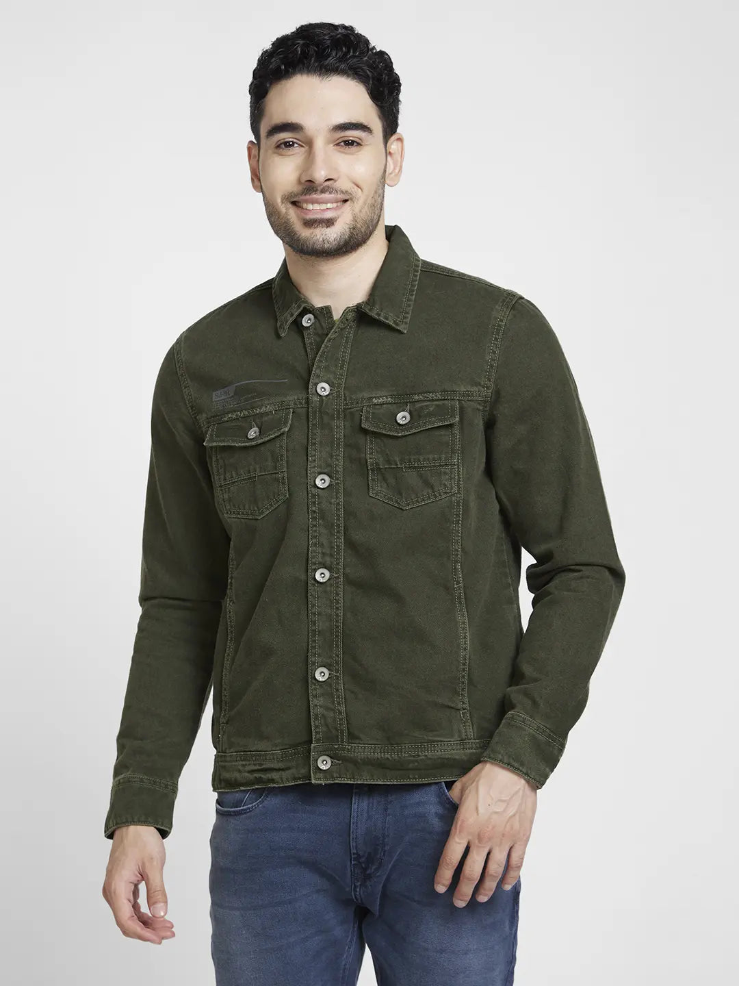 Spykar Men Dark Olive Cotton Regular Fit Denim Jacket