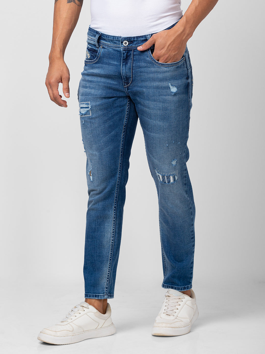 Spykar Men Mid Blue Cotton Slim Fit Tapered Length Jeans (Kano)