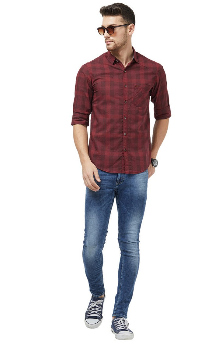 Spykar Men'S Red Cotton Checked Casual Shirts