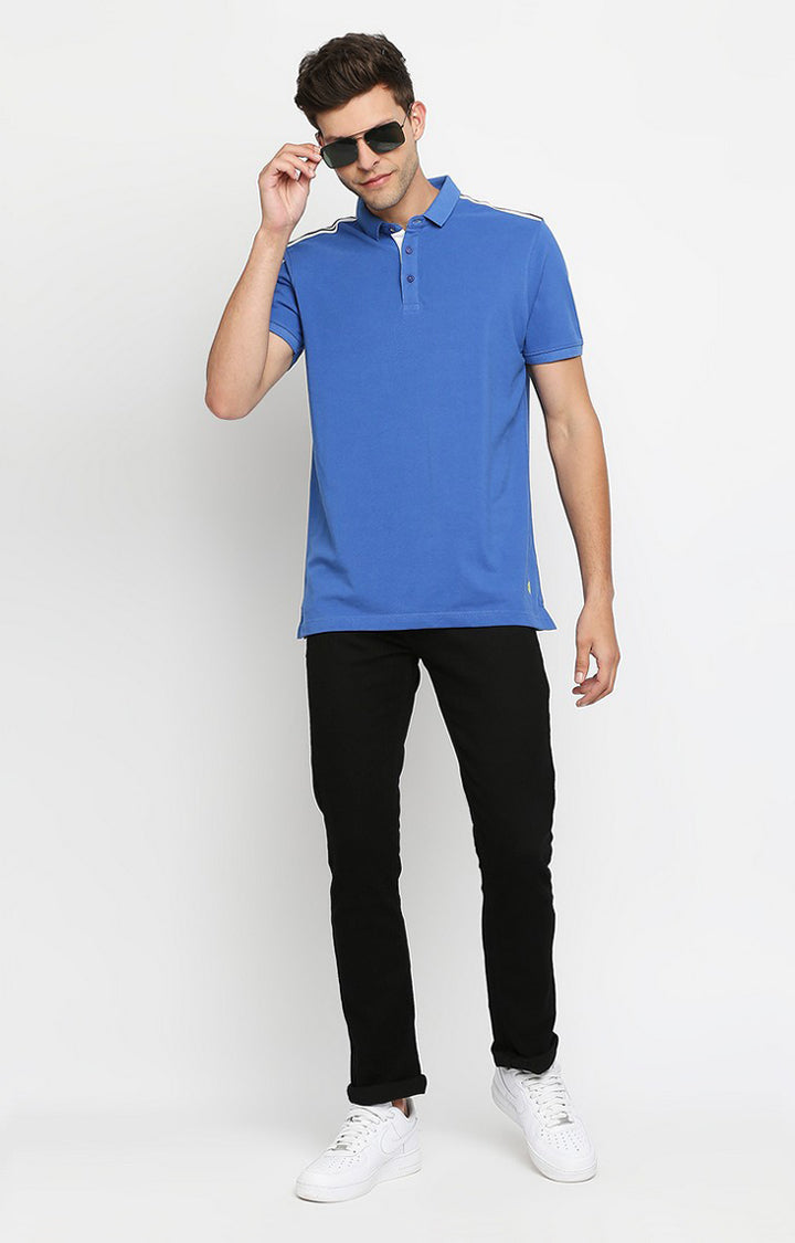 Spykar Men Blue Cotton Slim Fit Round Neck Polo T-Shirt