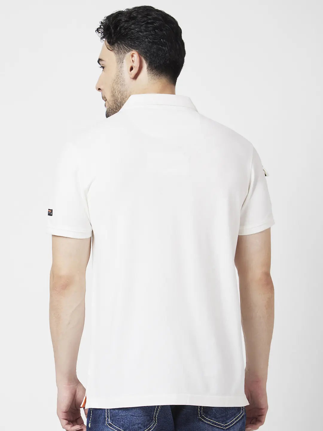 Spykar Men Ecru Cotton Slim Fit Half Sleeve Polo Neck Printed Tshirt