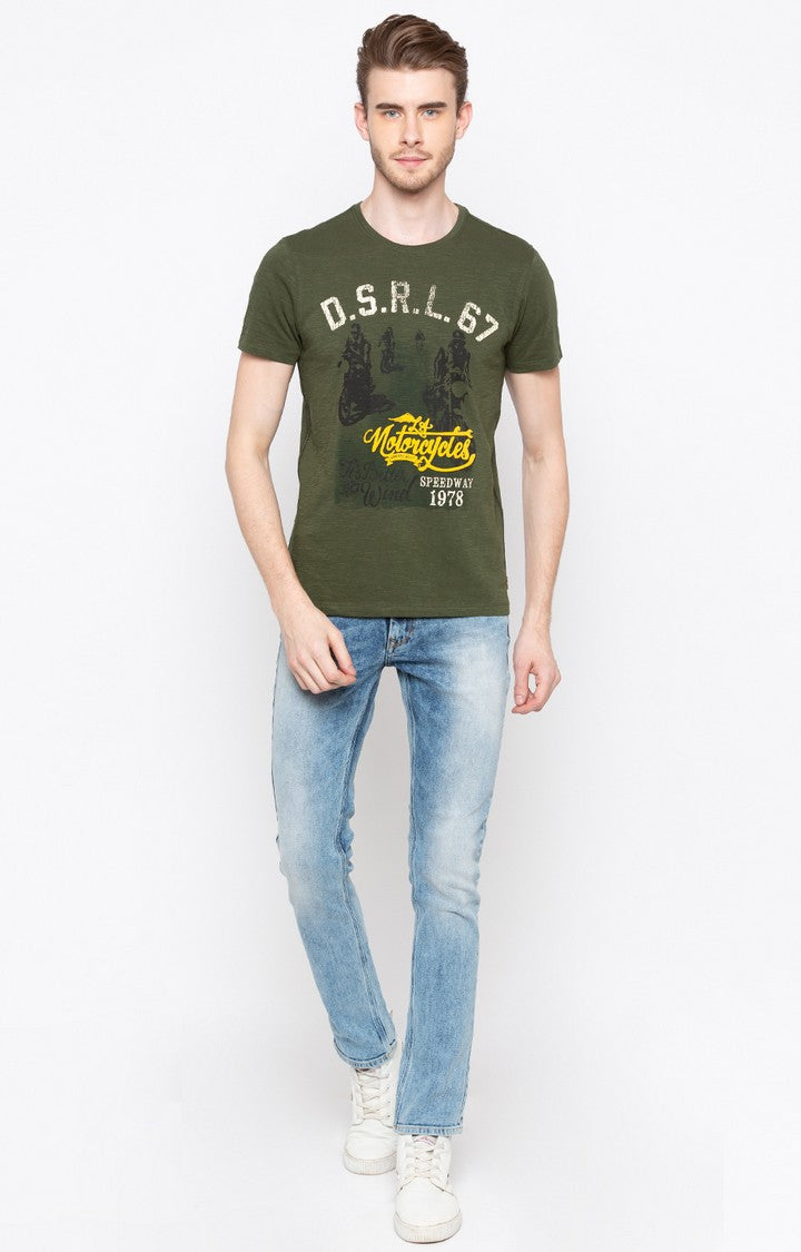 Spykar Olive Printed Slim Fit Men T-Shirts