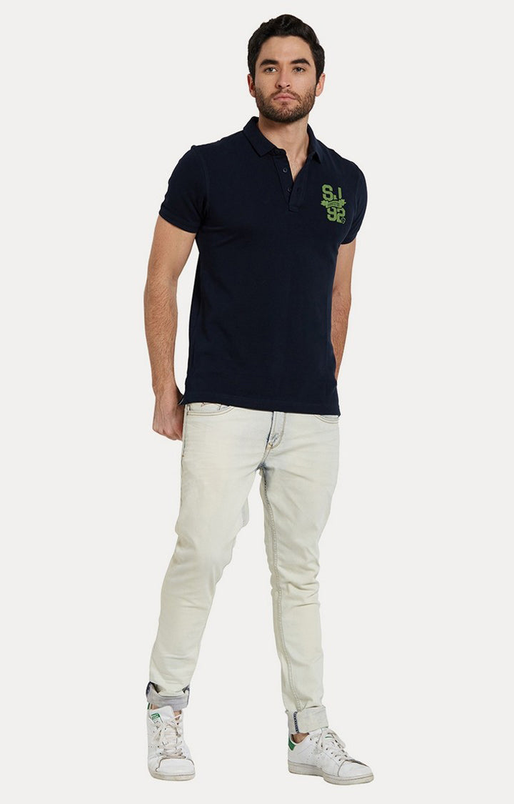 Spykar Blue Solid Slim Fit Polo T-Shirt