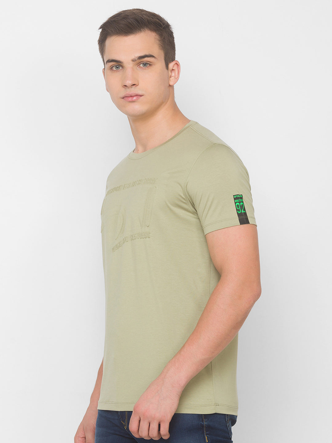 Spykar Men Green Cotton Slim Fit Round Neck T-Shirt