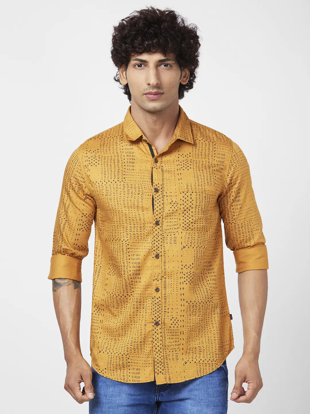 Spykar Men Dark Mustard Yellow Cotton Regular Slim Fit Full Sleeve Causal Printed Shirt