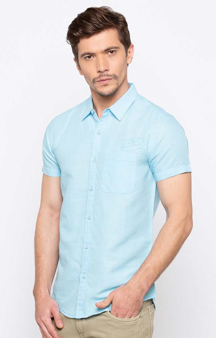 Spykar Men'S Blue Cotton Solid Casual Shirts