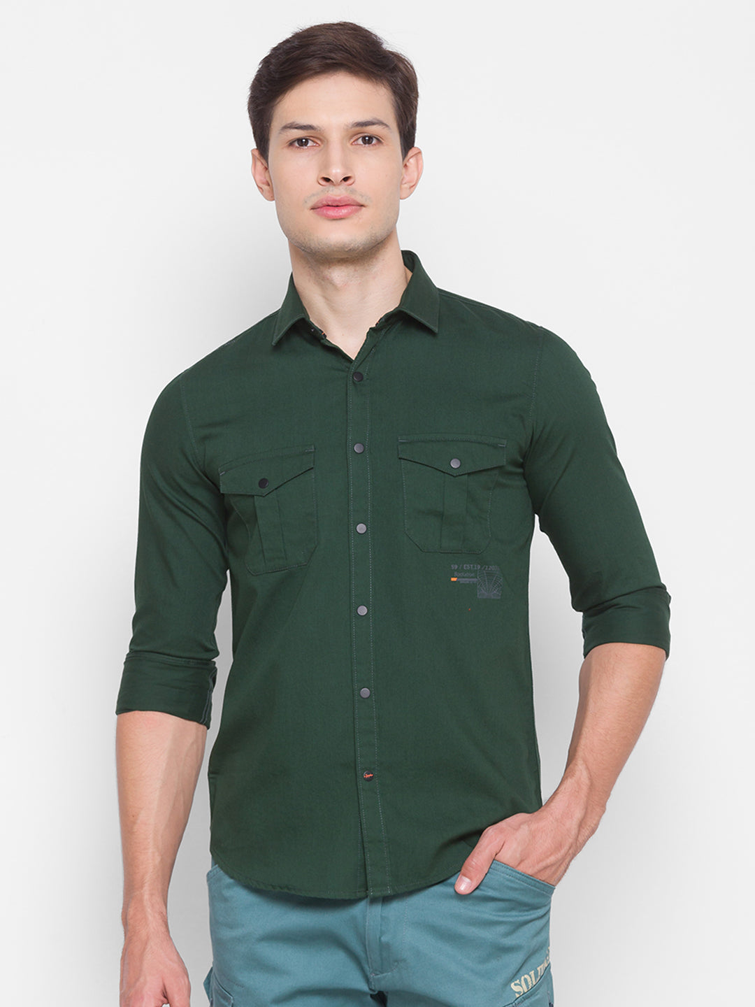 Spykar Slim Fit Green Cotton Men Shirt