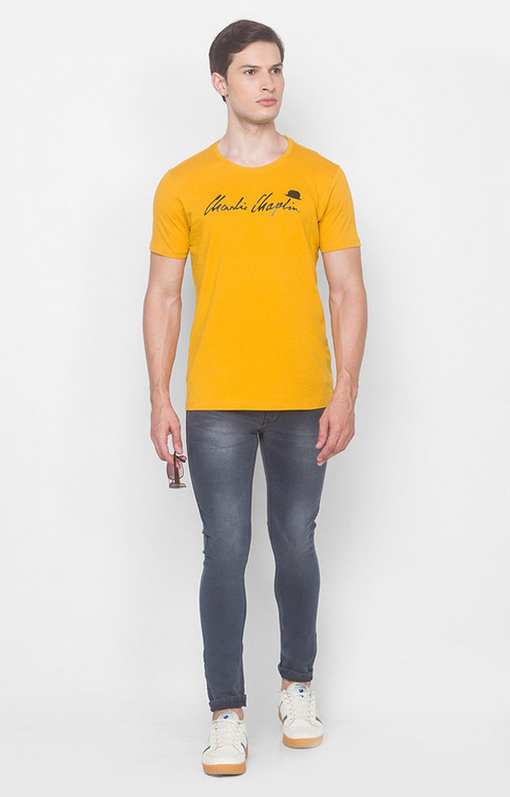 Charlie Chaplin Spykar Men Mustard Cotton Slim Fit Round Neck Printed T-Shirt