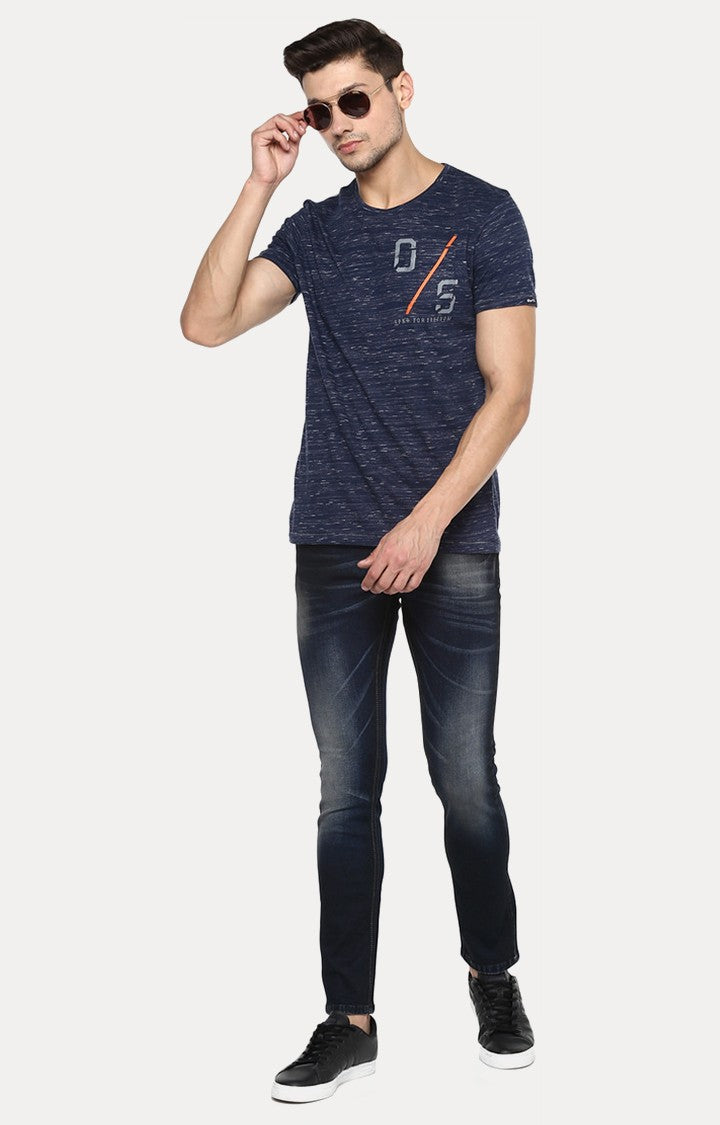 Spykar Blue Printed Slim Fit Men T-Shirts