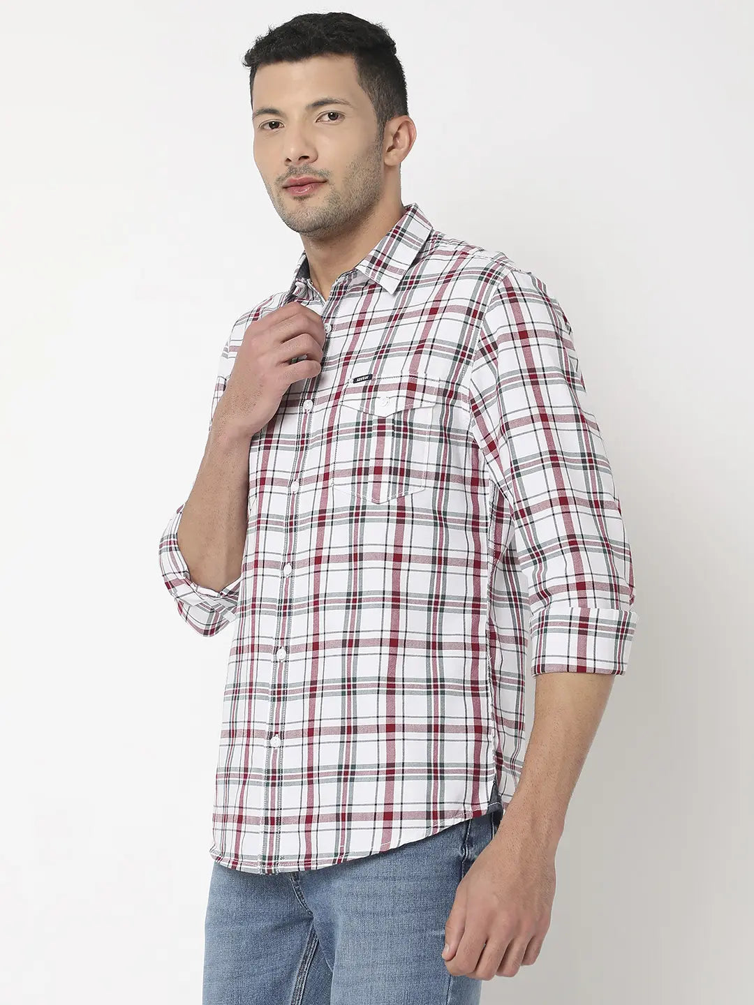 Spykar Men Beige & Wine Red Cotton Slim Fit Checkered Shirt