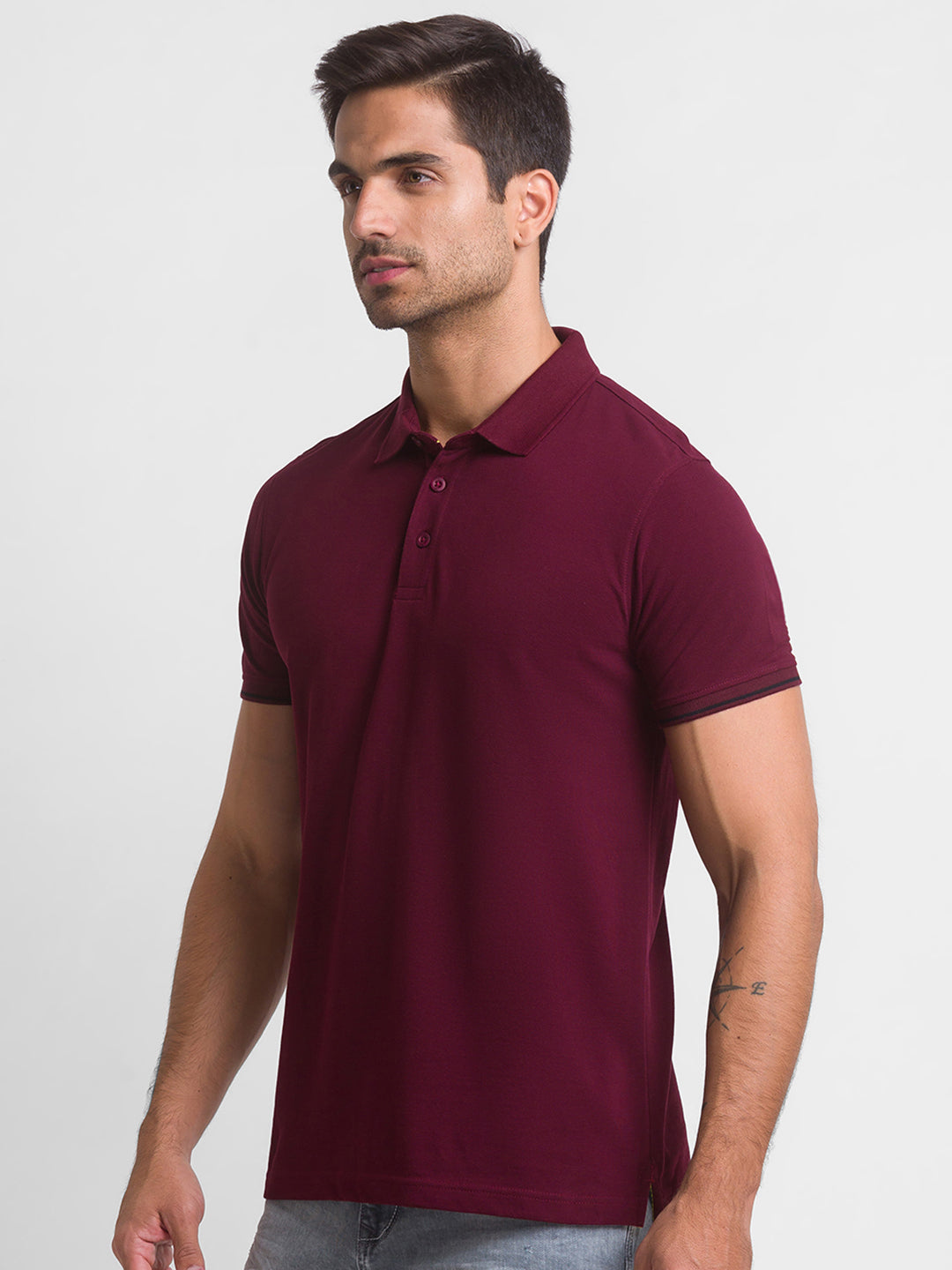 Spykar Wine Cotton Half Sleeve Plain Casual Polo T-Shirt For Men