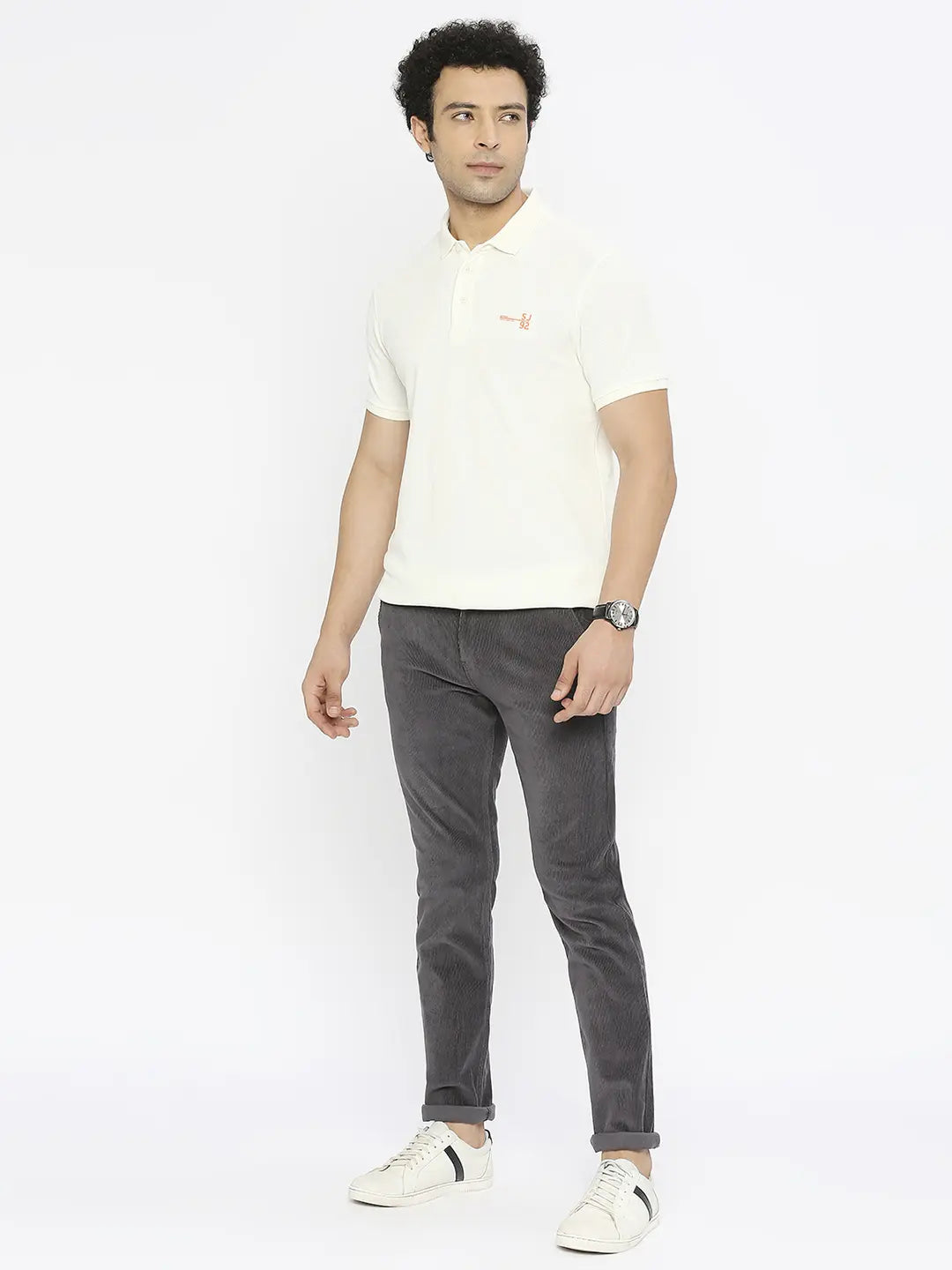 Spykar Men Light Grey Cotton Slim Fit Ankle Length Plain Trousers