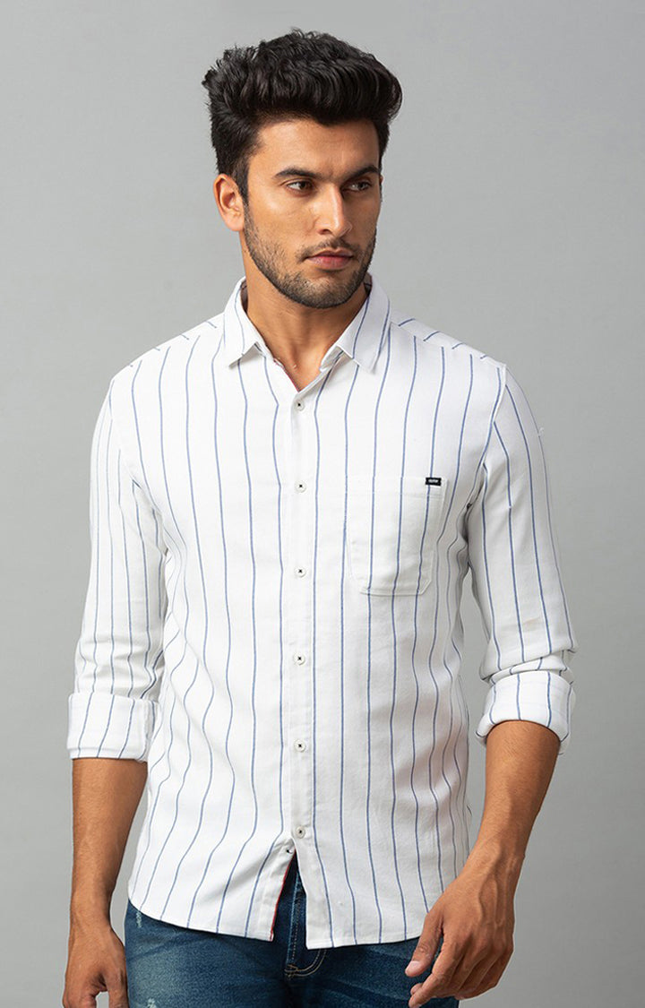 Spykar Men White Cotton Striped Casual Shirts