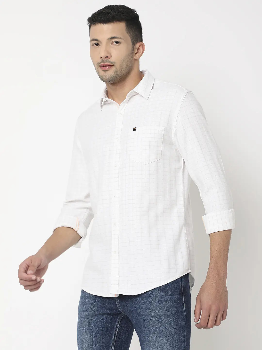 Spykar Men White & Khaki Cotton Slim Fit Checkered Shirt