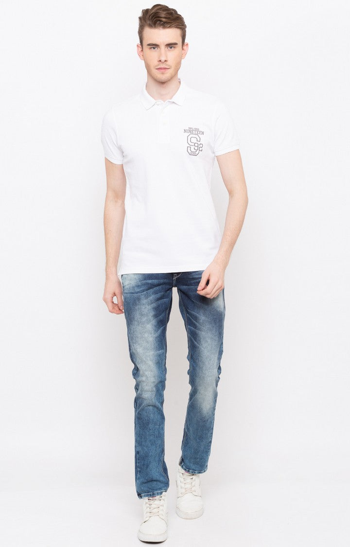 Spykar White Printed Slim Fit Polo T-Shirt