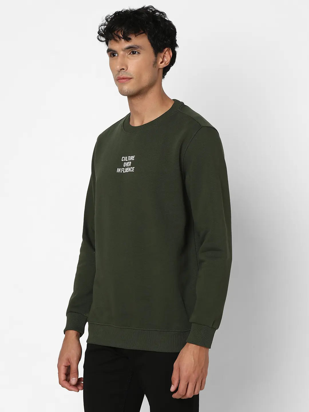 Spykar Men Rifle Green Blended Slim Fit Full Sleeve Round Neck Plain Casual Sweatshirt