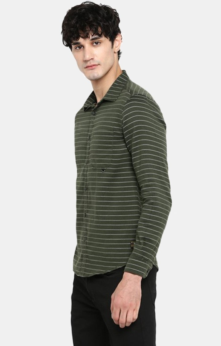 Spykar Men'S Green Cotton Striped Casual Shirts