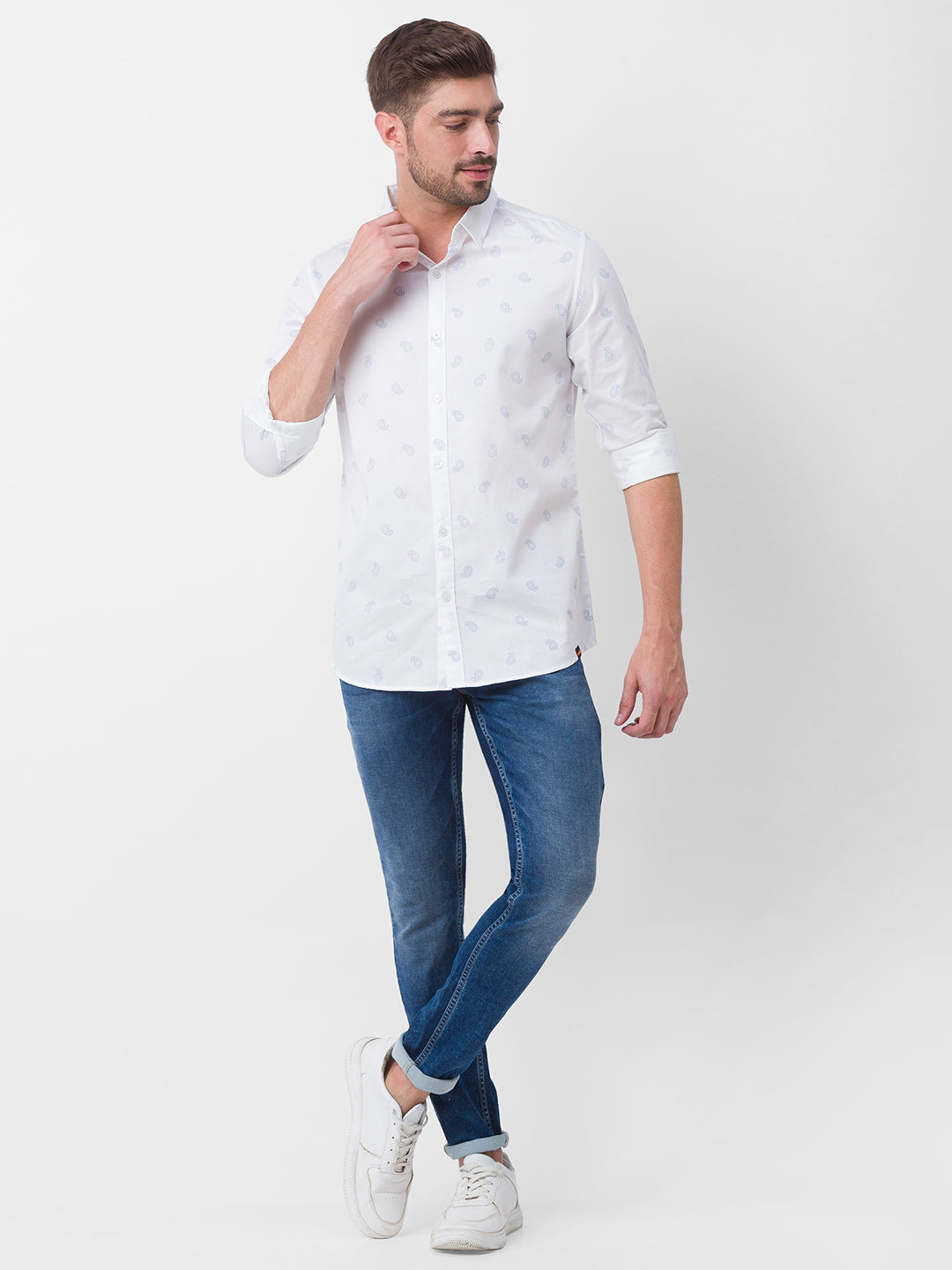 Spykar White Cotton Full Sleeve Printed Shirt For Men