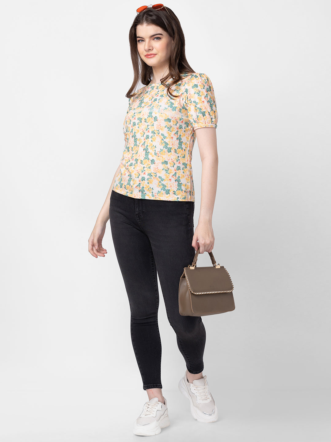 Spykar Women Yellow Cotton Slim Fit Floral T-Shirt