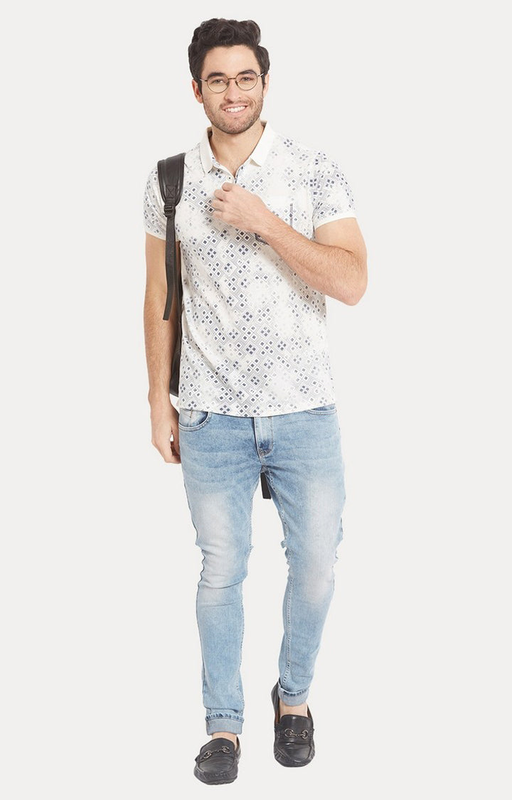 Spykar White Printed Slim Fit Polo T-Shirt