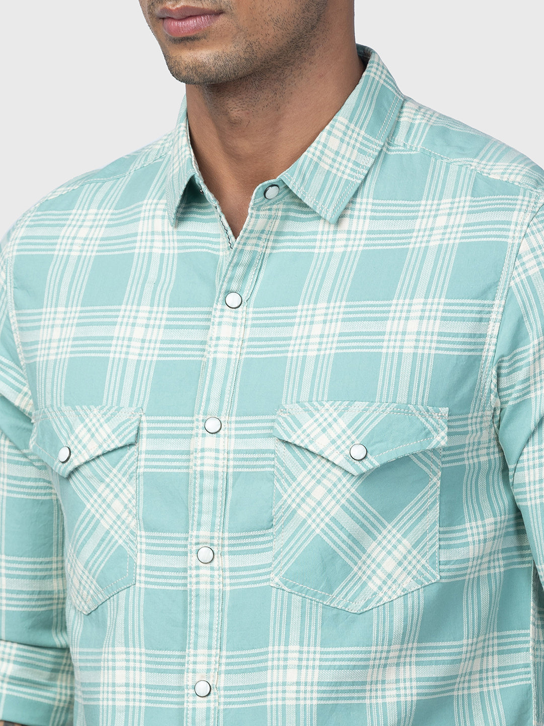 Spykar Men Sage Green Cotton Slim Fit Checkered Shirt