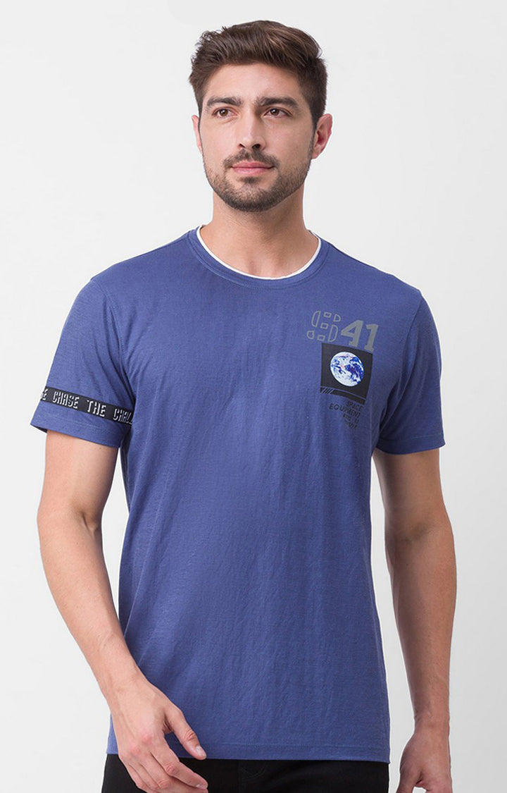 Spykar Denim Blue Cotton Half Sleeve Printed Casual T-Shirt For Men