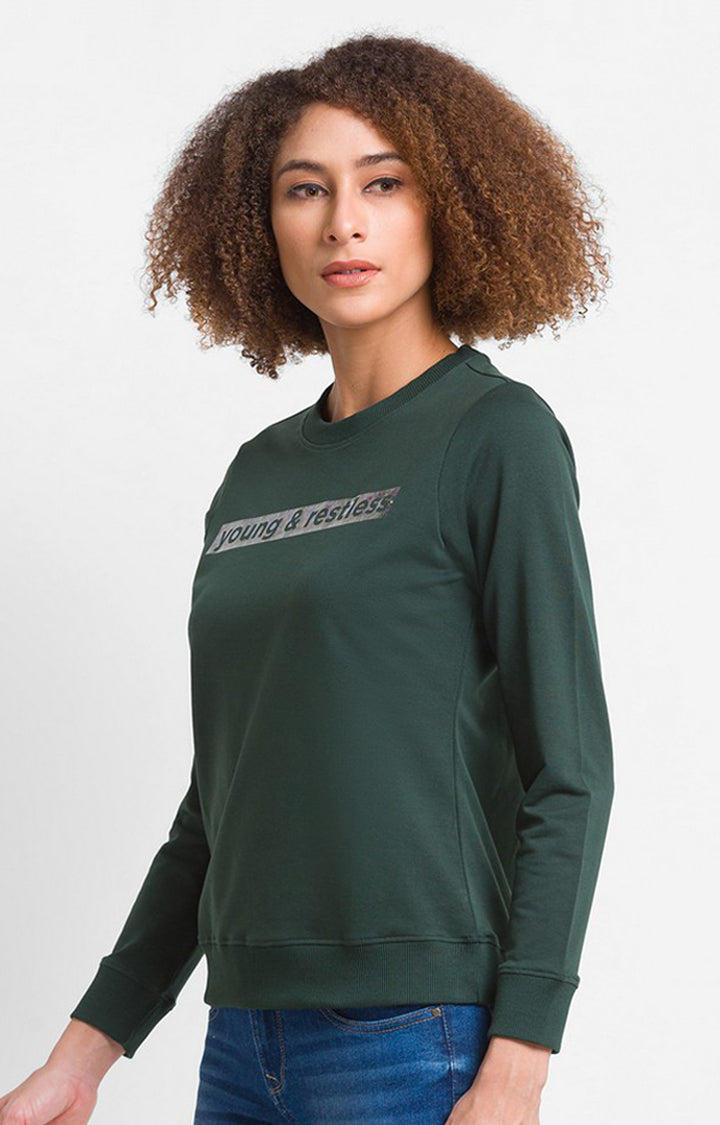 Spykar Bottle Green Blend Full Sleeve Round Neck Sweatshirts For Women
