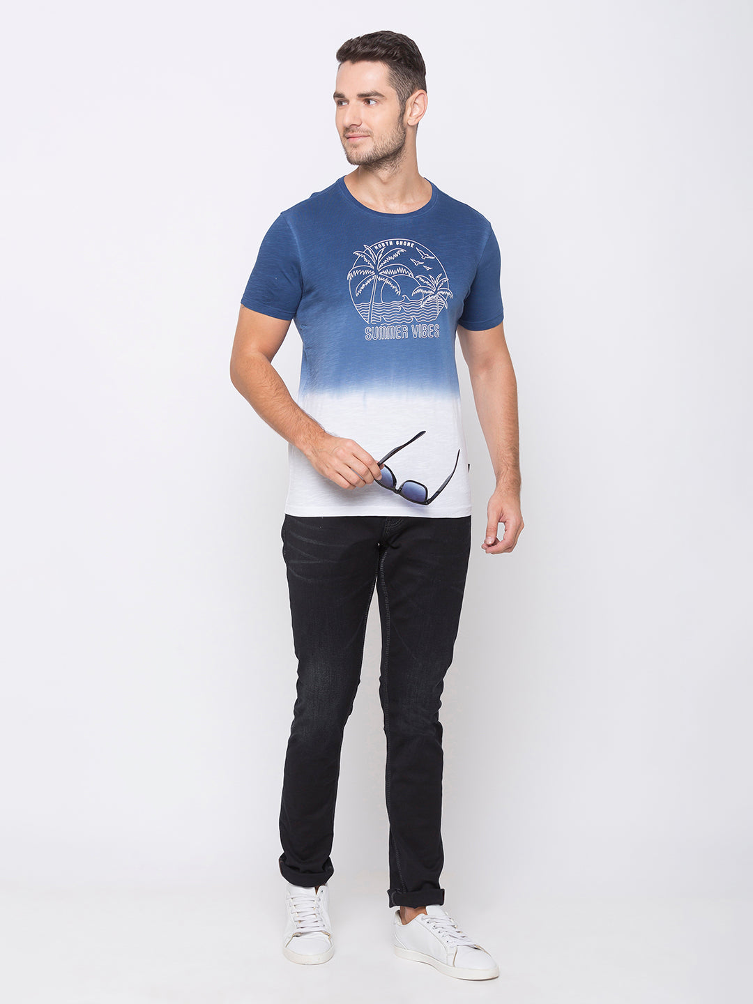 Spykar Men Blue Cotton Slim Fit Round Neck T-Shirt