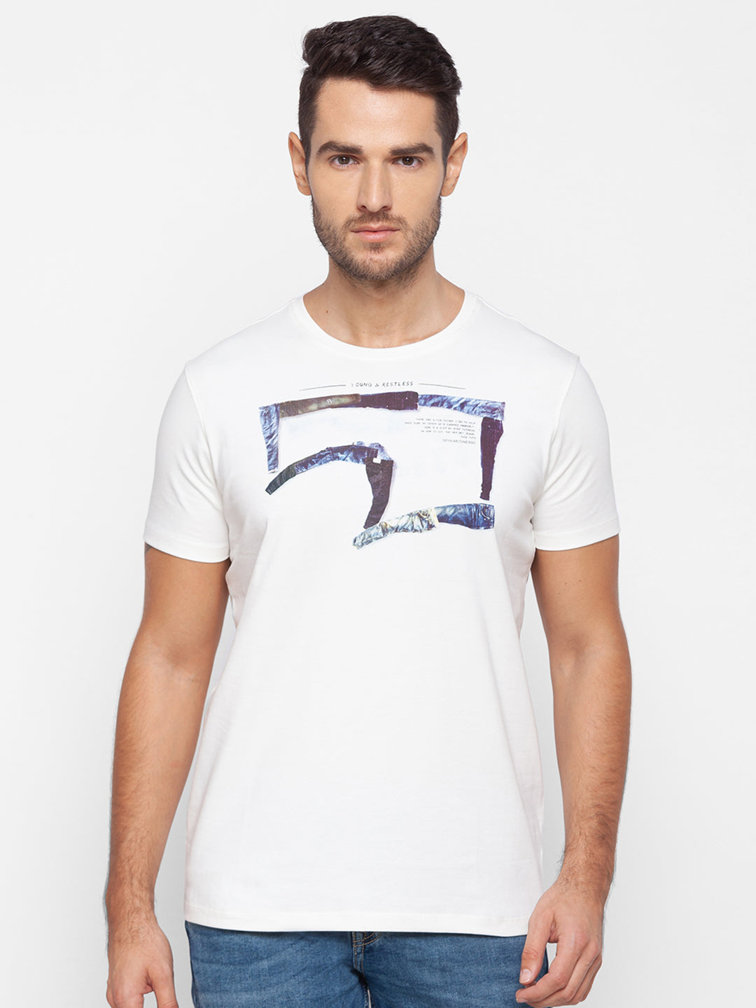 Spykar Men White Cotton Slim Fit Round Neck T-Shirt