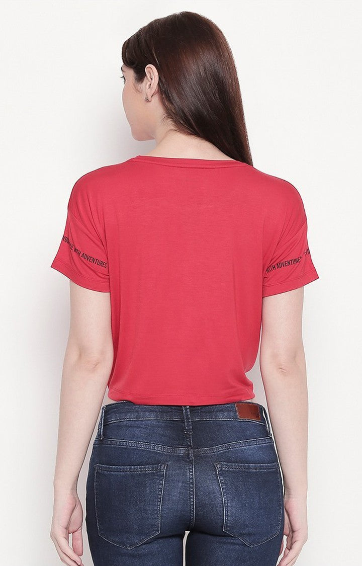 Spykar Women Red Viscose Slim Fit Round Neck Crop T-Shirt