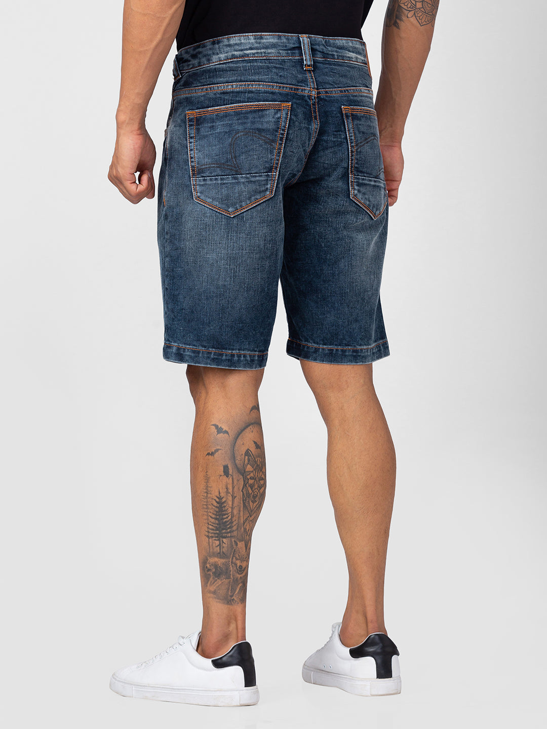Spykar Men Vintage Blue Cotton Regular Fit Denim Shorts