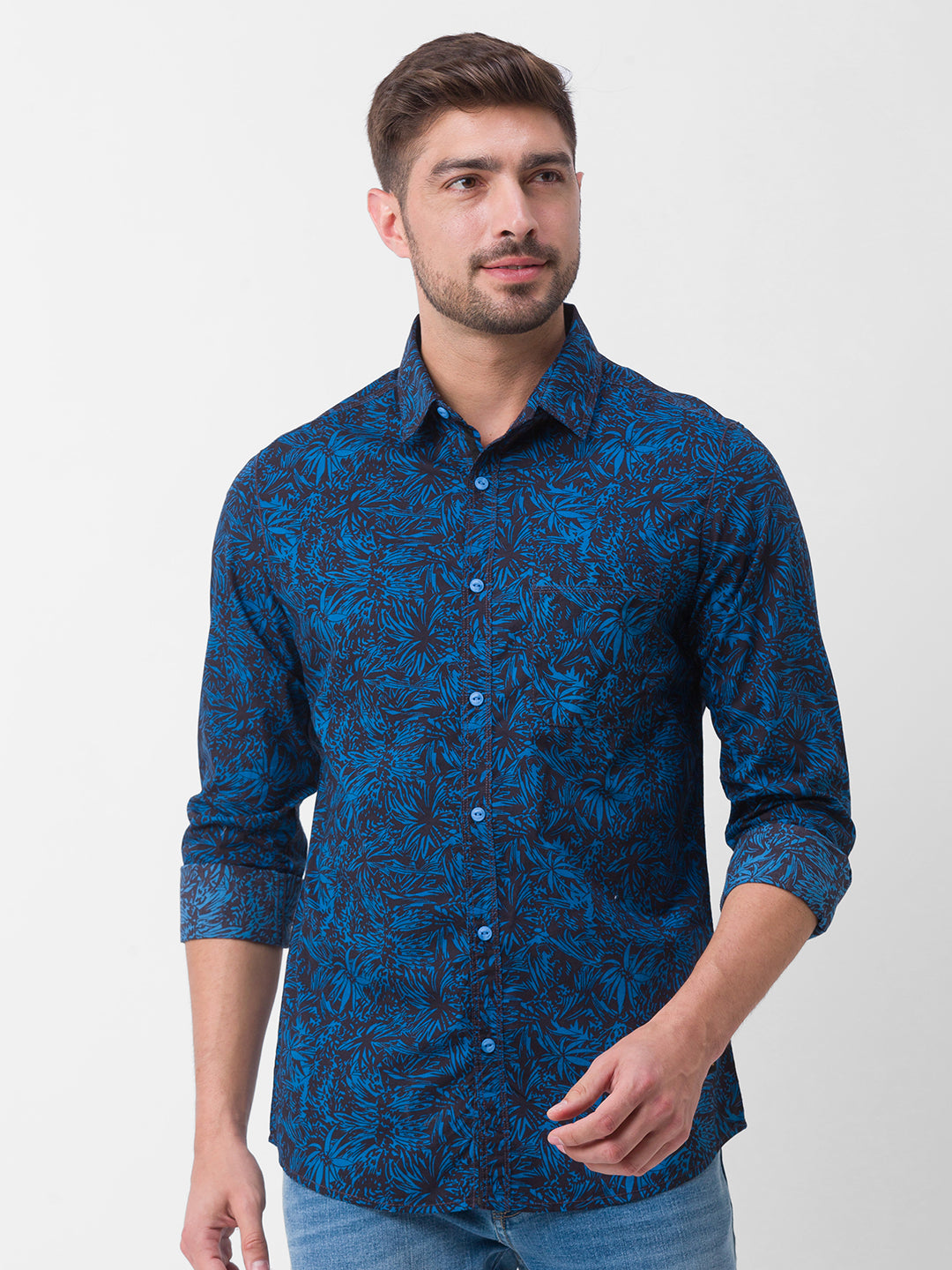 Spykar Indigo Blue Cotton Full Sleeve Printed Shirt For Men