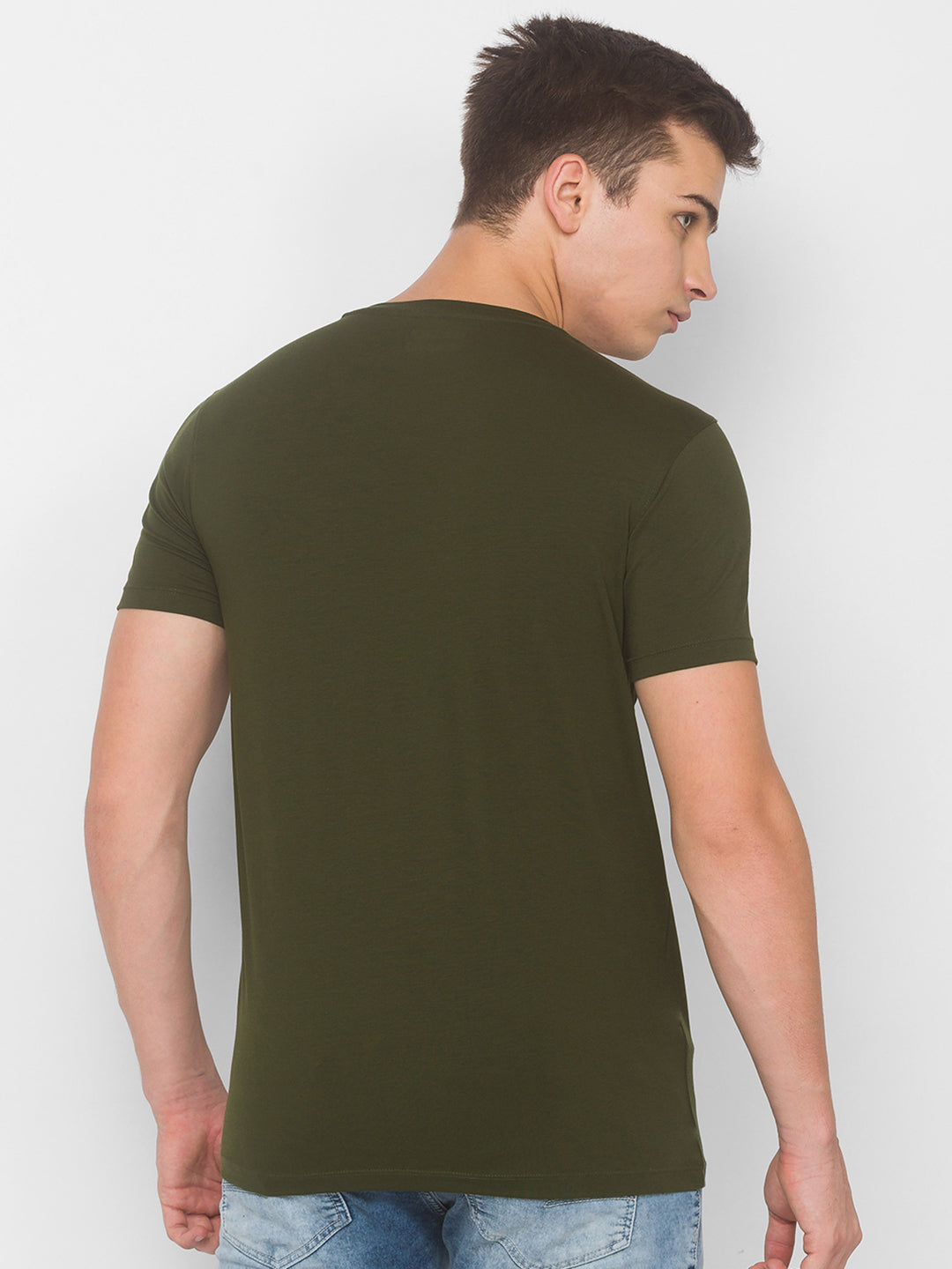 Spykar Men Green Cotton Slim Fit Round Neck T-Shirt