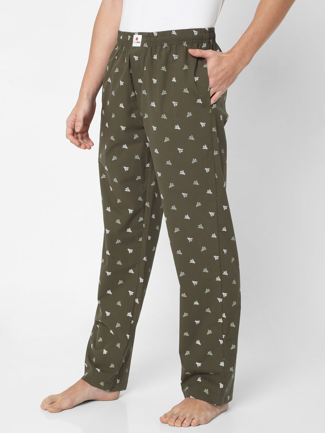 Men Premium Olive Cotton Printed Pyjama- Underjeans By Spykar