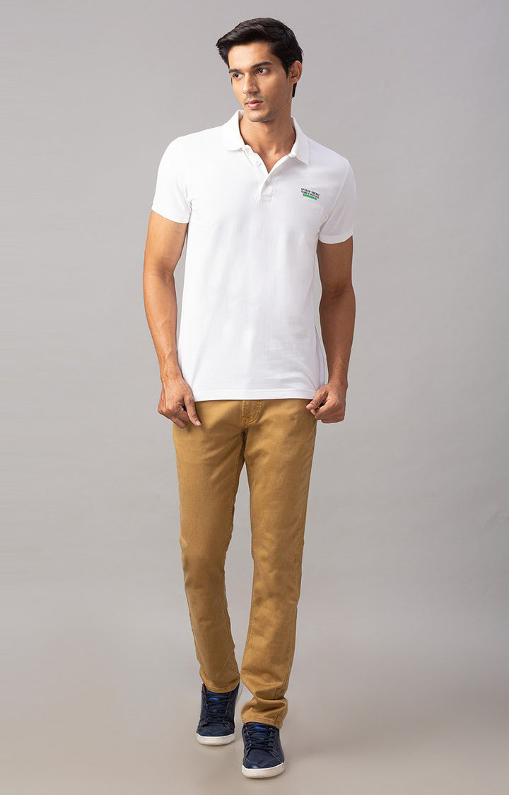 Spykar White Cotton Slim Fit Polo T-Shirt For Men