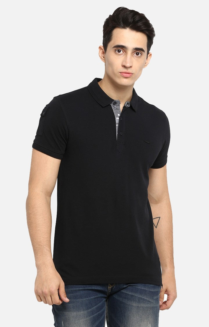 Spykar Black Solid Slim Fit Polos T-Shirt