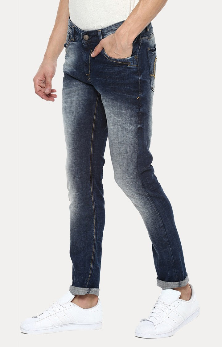 Spykar Blue Cotton Slim Fit Tapered Ankle Length Jeans For Men