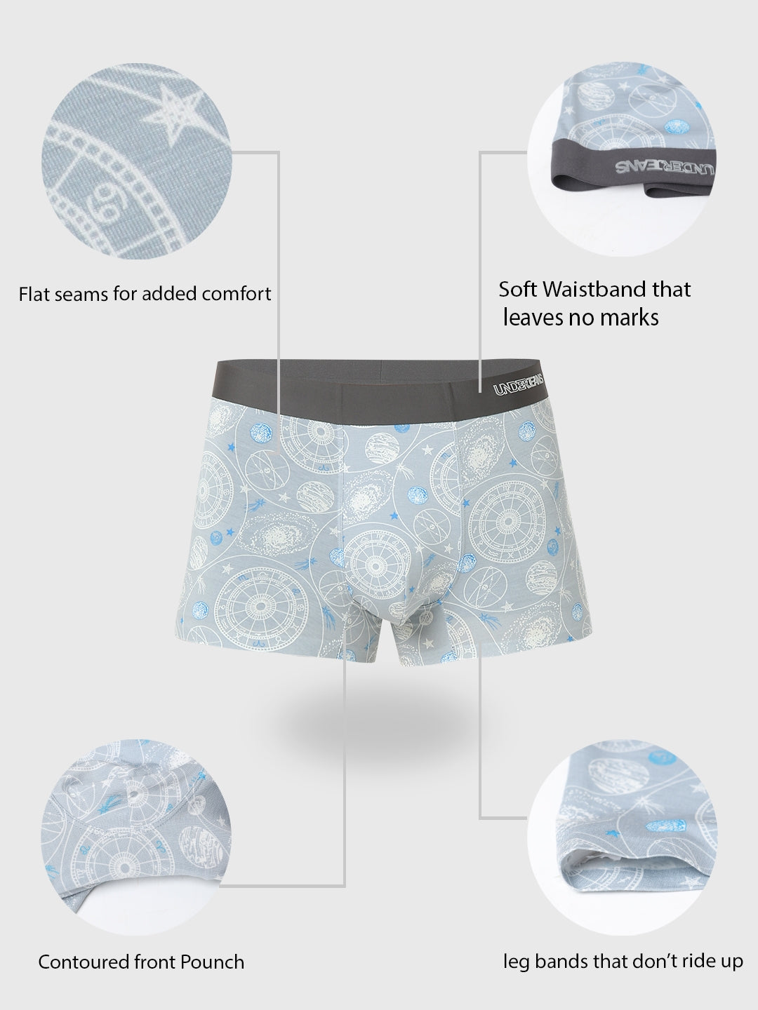Underjeans By Spykar Men Super Premium Printed Bonded Elastic Grey Trunk