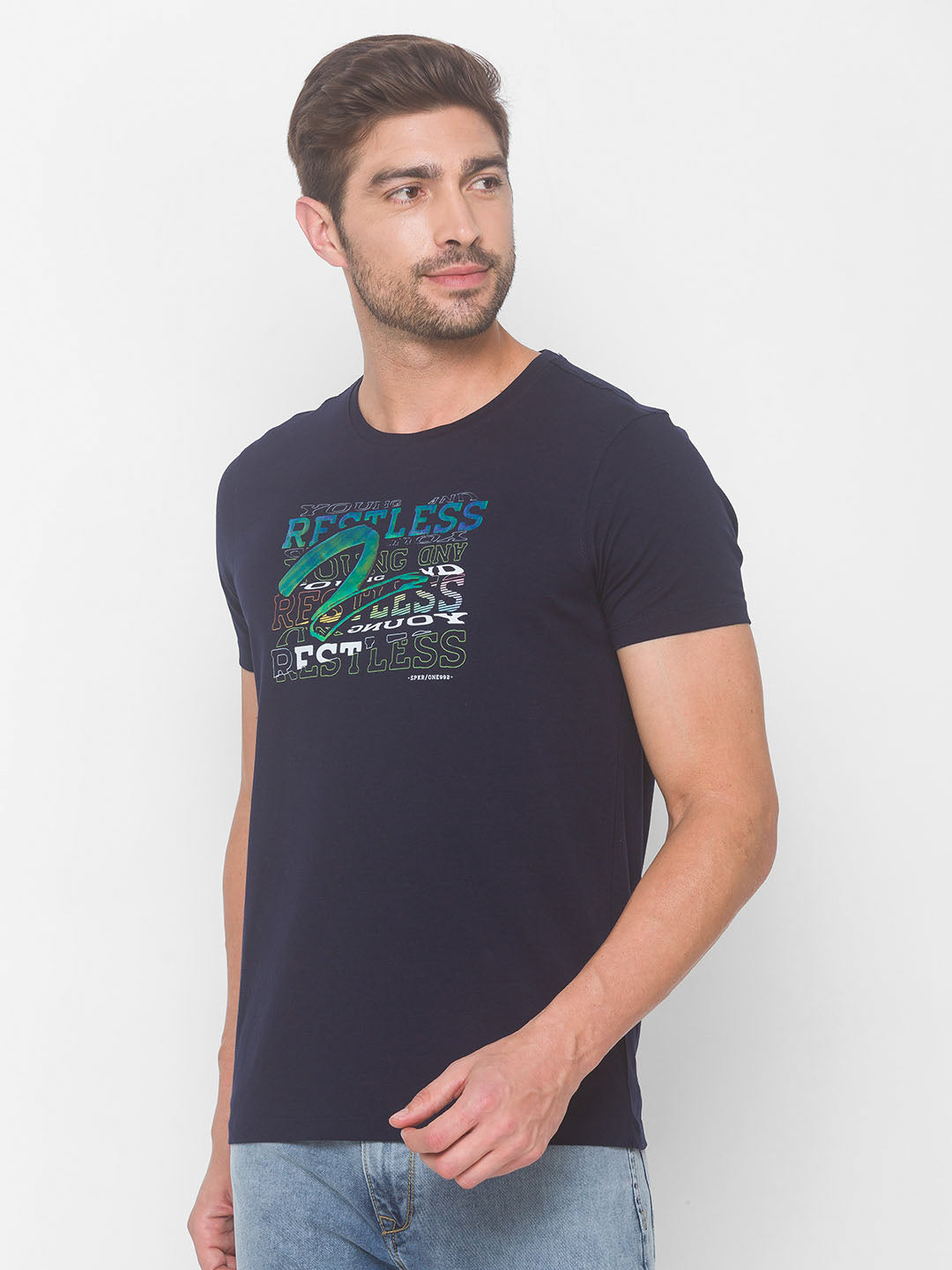 Spykar Men Blue Cotton Slim Fit Round Neck T-Shirt