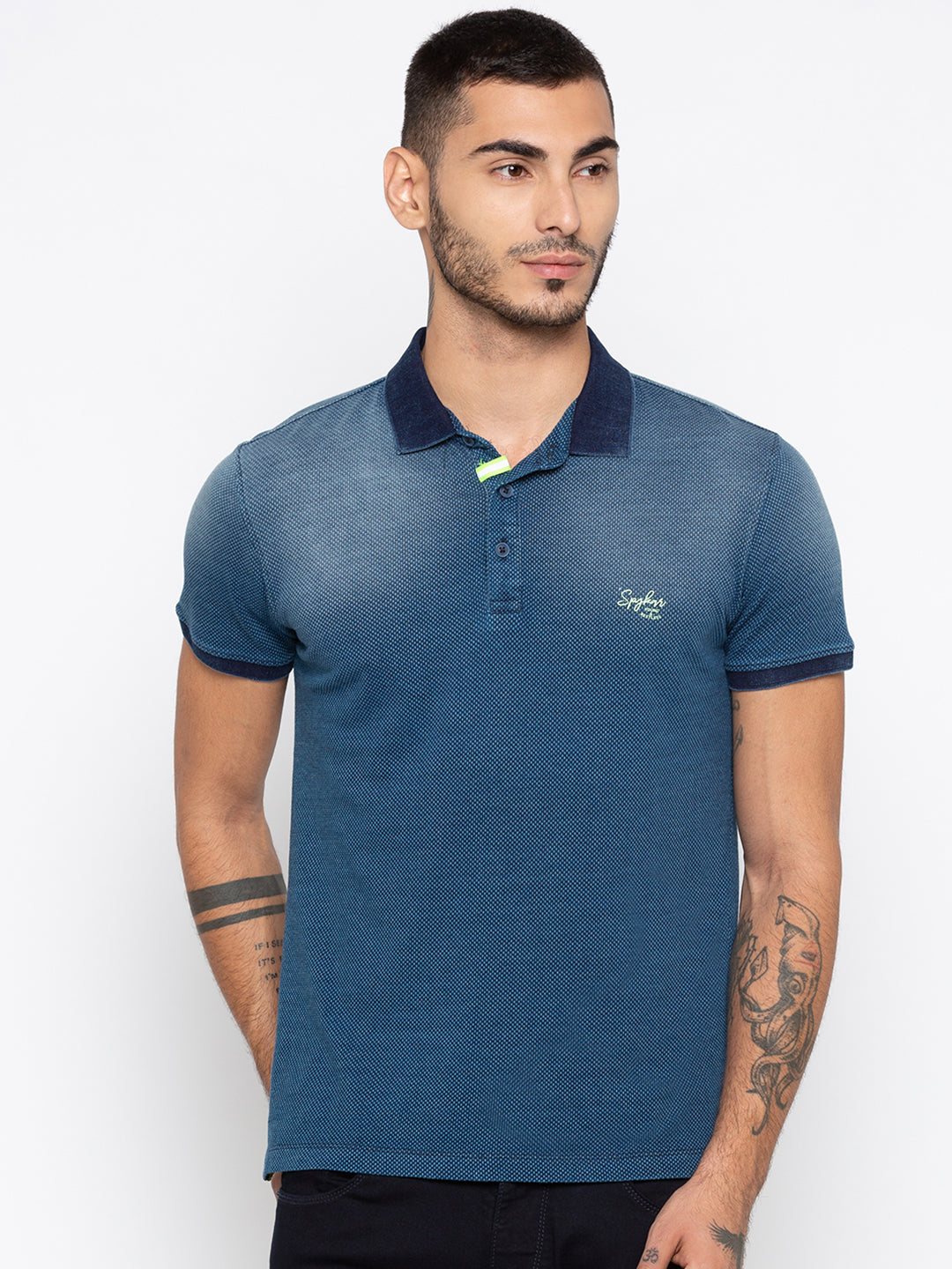 Spykar Men Blue Cotton Slim Fit Polo T-Shirt