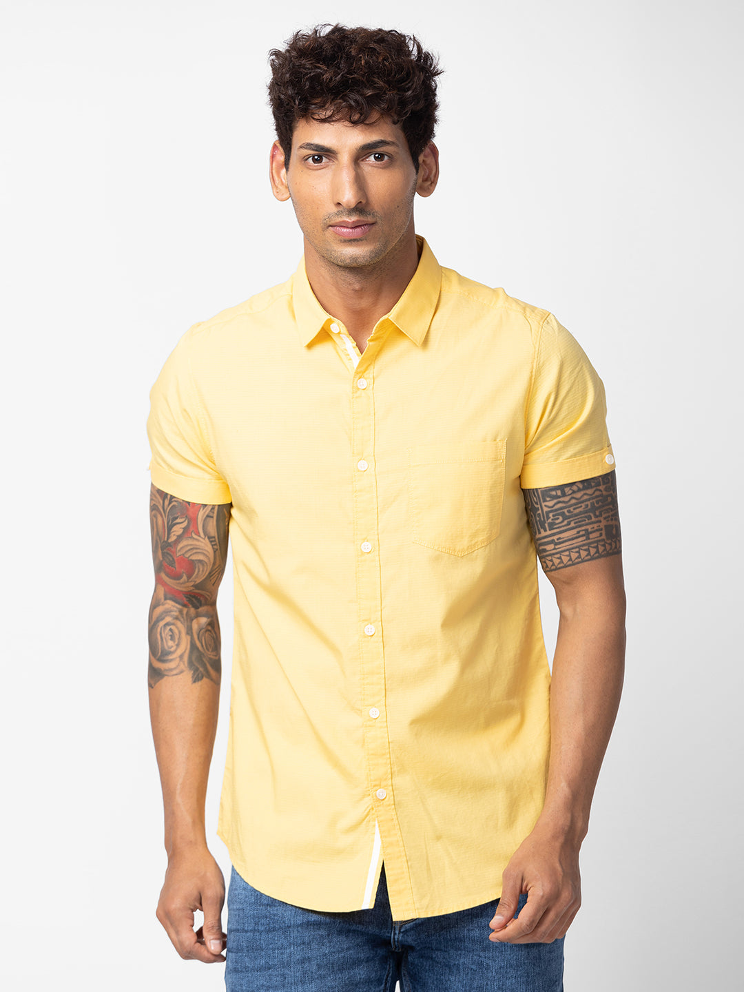 Spykar Men Chrome Yellow Cotton Slim Fit Plain Shirt