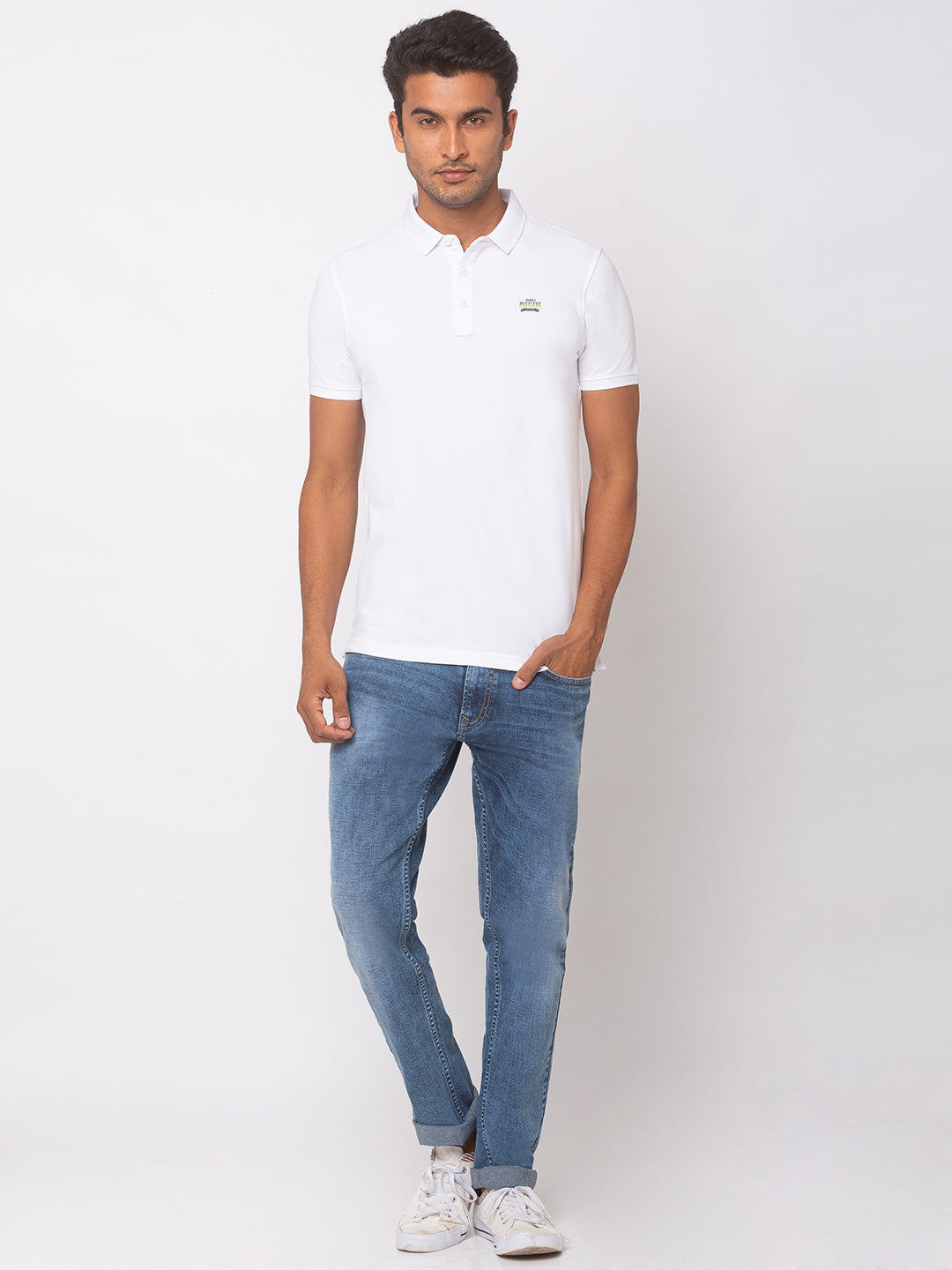 Spykar Men White Cotton Slim Fit Polo T-Shirt