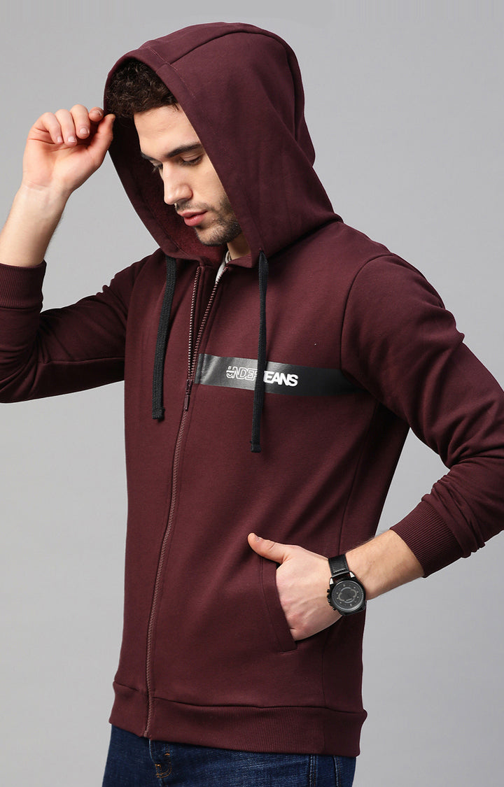 Underjeans By Spykar Maroon Solid Hoodies For Men