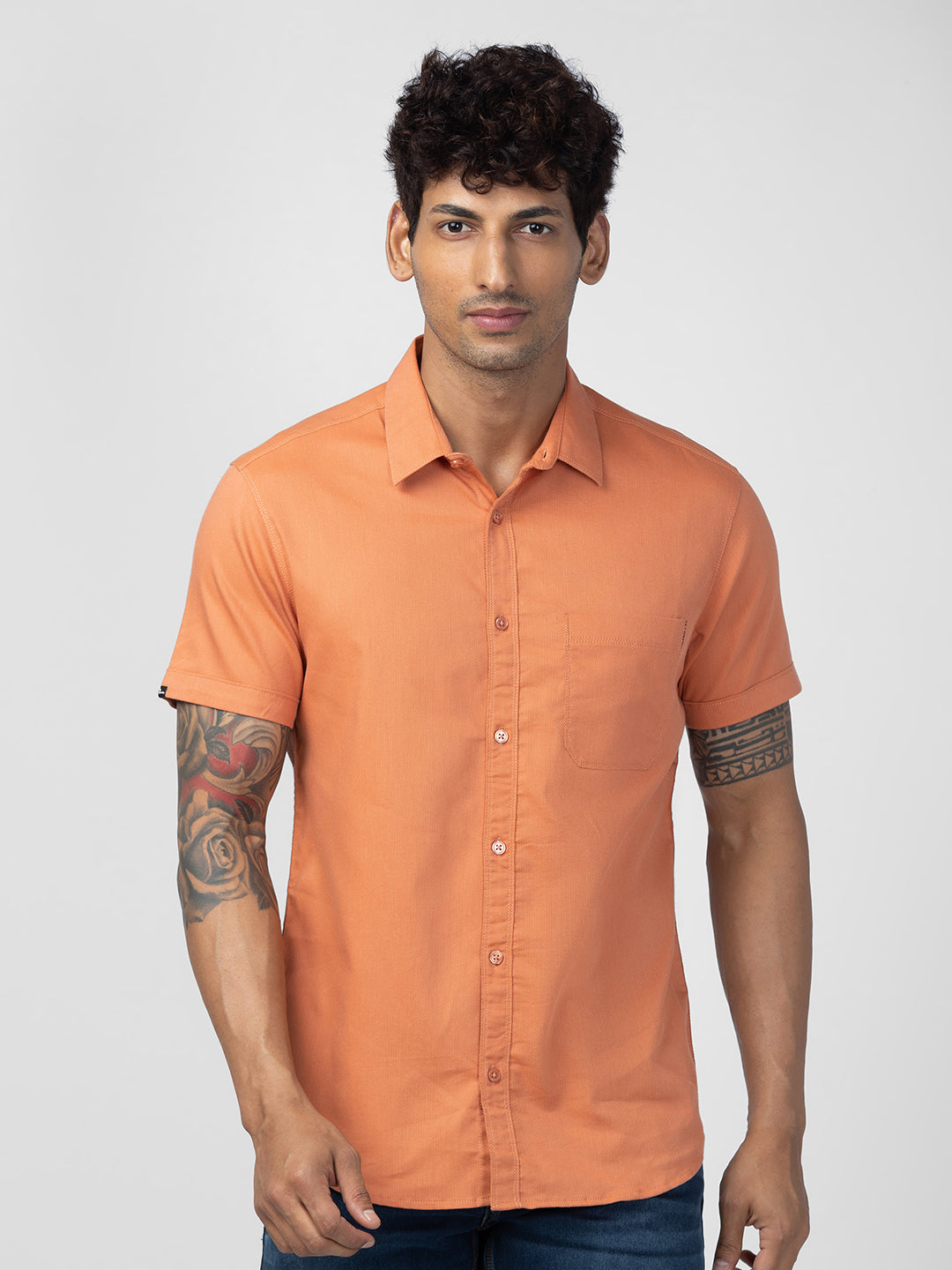 Spykar Men Sunset Orange Cotton Slim Fit Plain Shirt